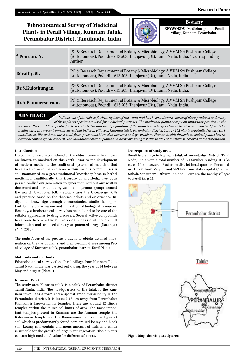 Botany Ethnobotanical Survey of Medicinal Plants in Perali Village