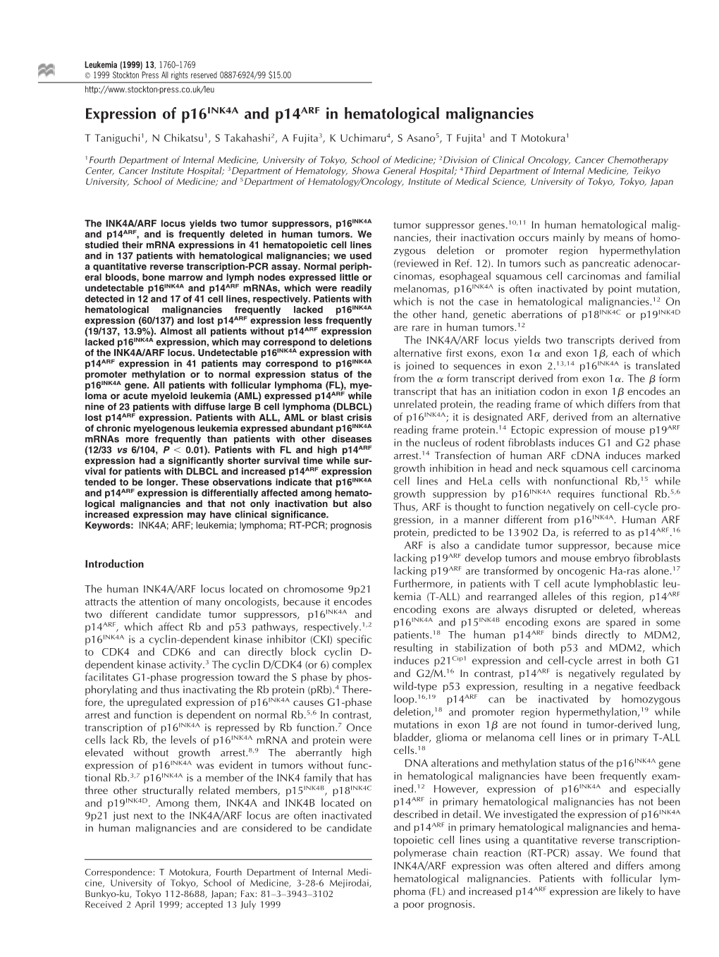 Expression of P16 INK4A and P14 ARF in Hematological Malignancies