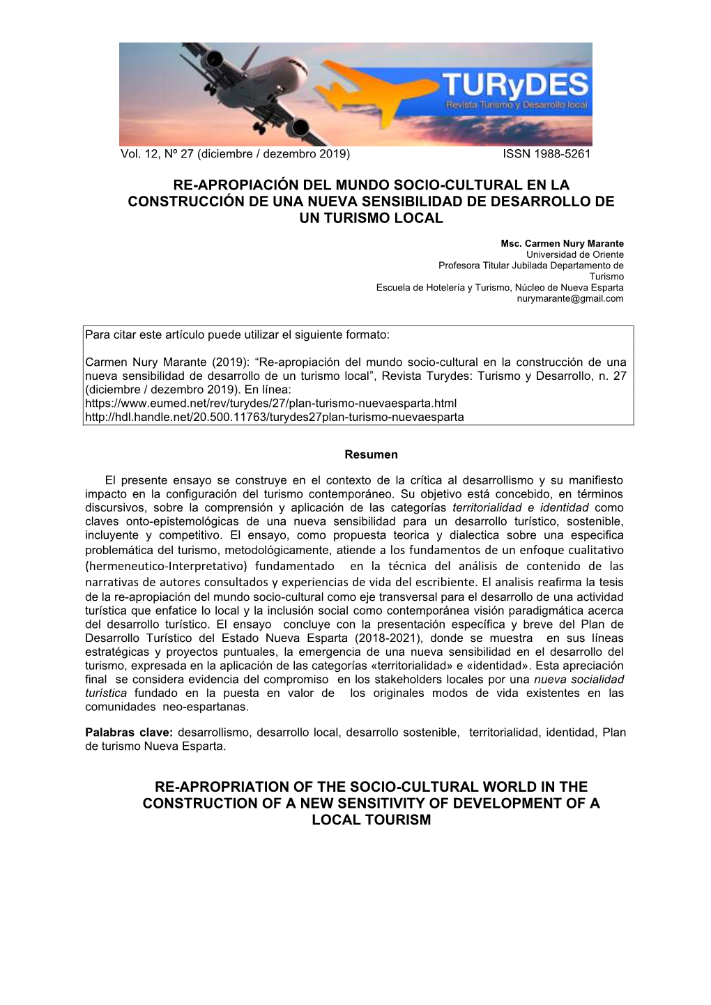 Re-Apropiación Del Mundo Socio-Cultural En La Construcción De Una Nueva Sensibilidad De Desarrollo De Un Turismo Local