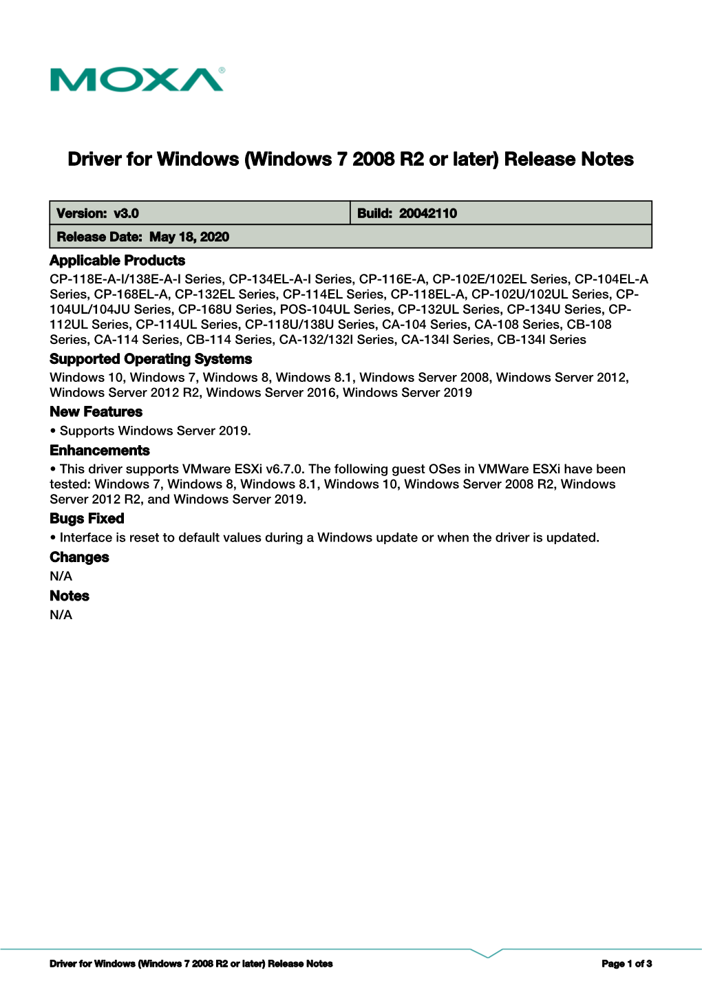 Driver for Windows (Windows 7 2008 R2 Or Later) Release Notes