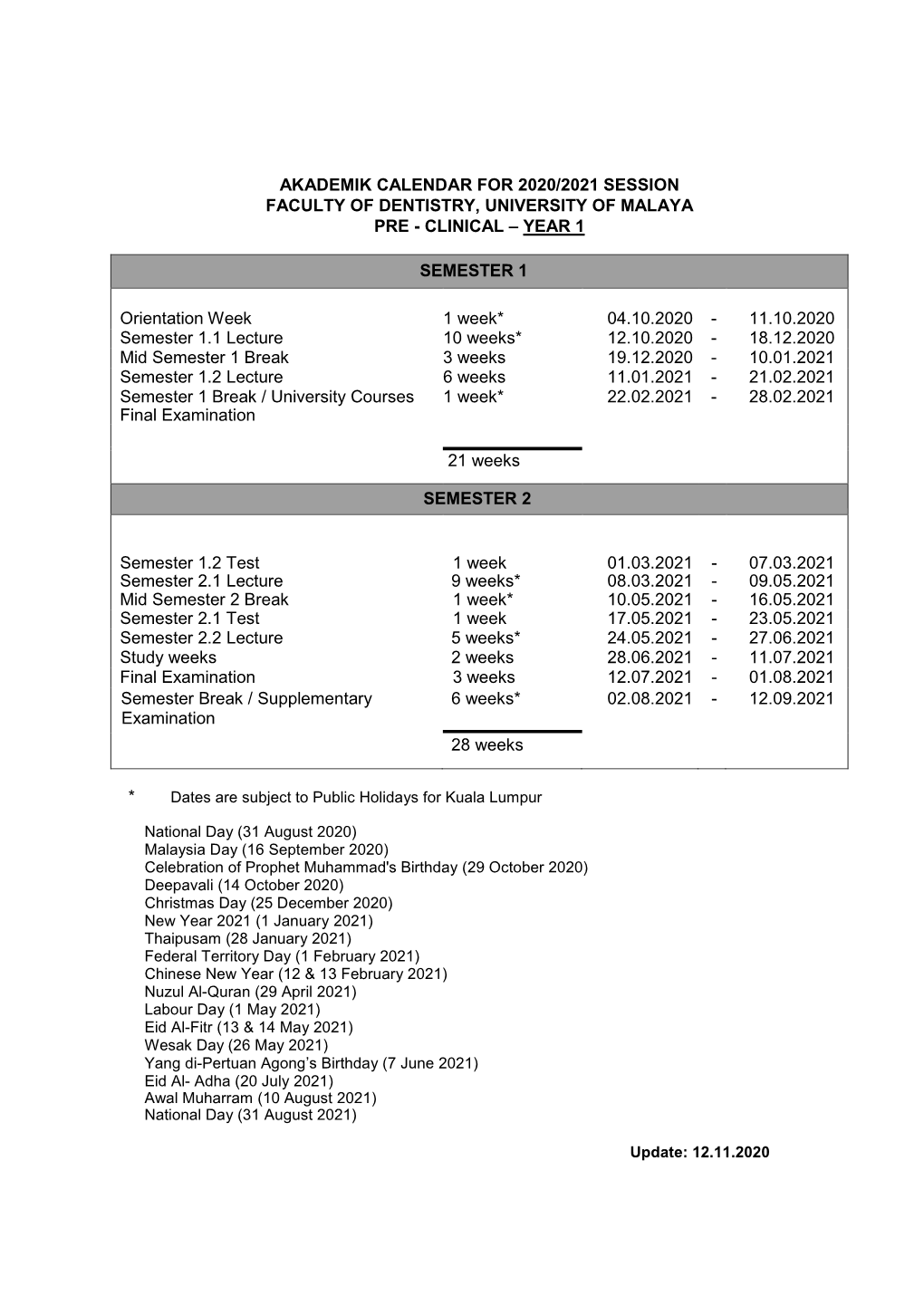 Akademik Calendar for 2020/2021 Session Faculty of Dentistry, University of Malaya Pre - Clinical – Year 1