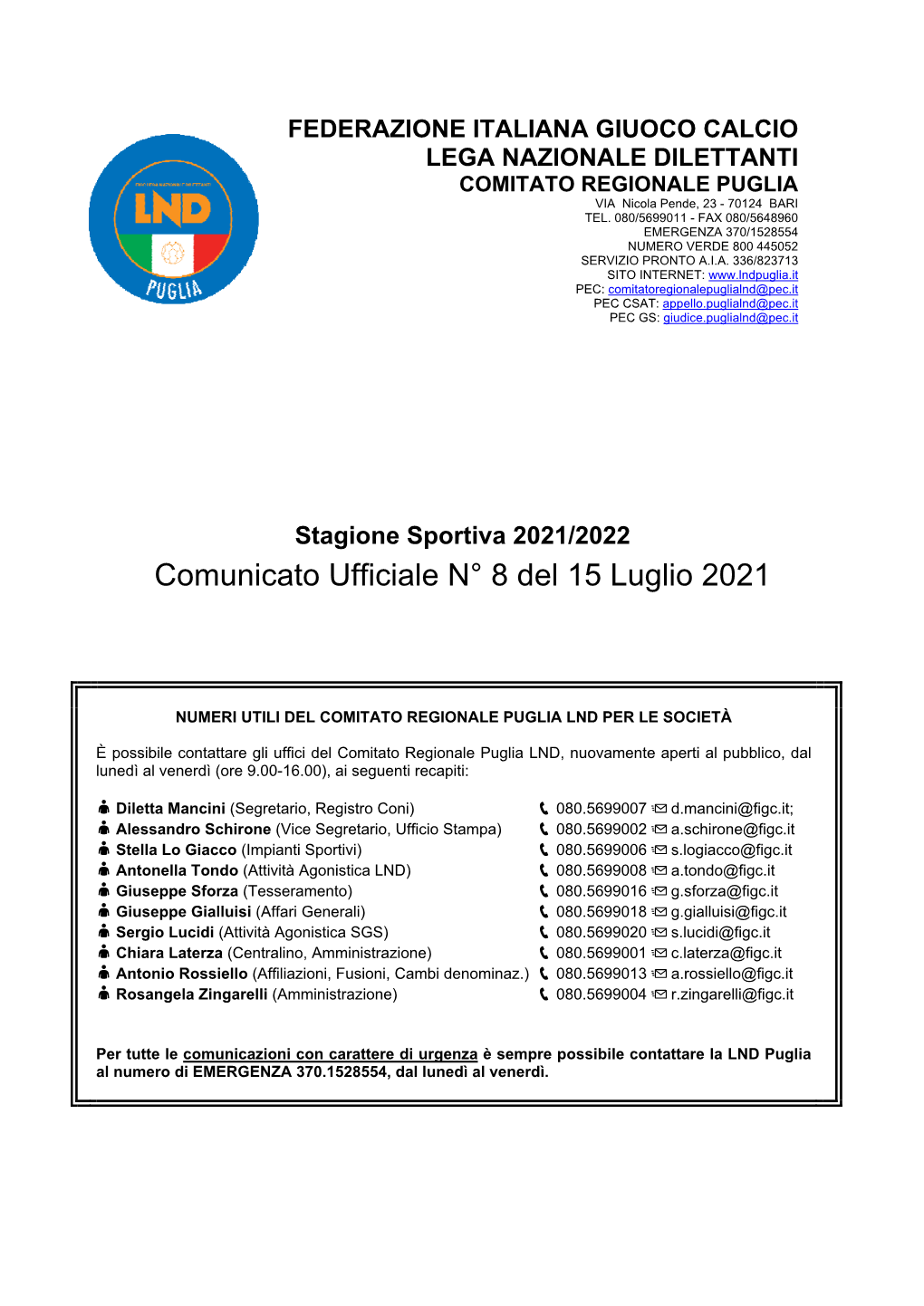 Comunicato Ufficiale N° 8 Del 15 Luglio 2021