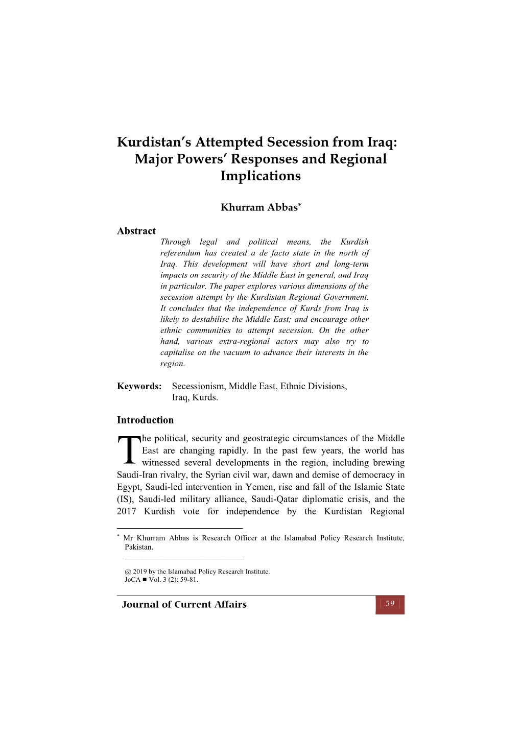 Kurdistan's Attempted Secession from Iraq: Major Powers' Responses And