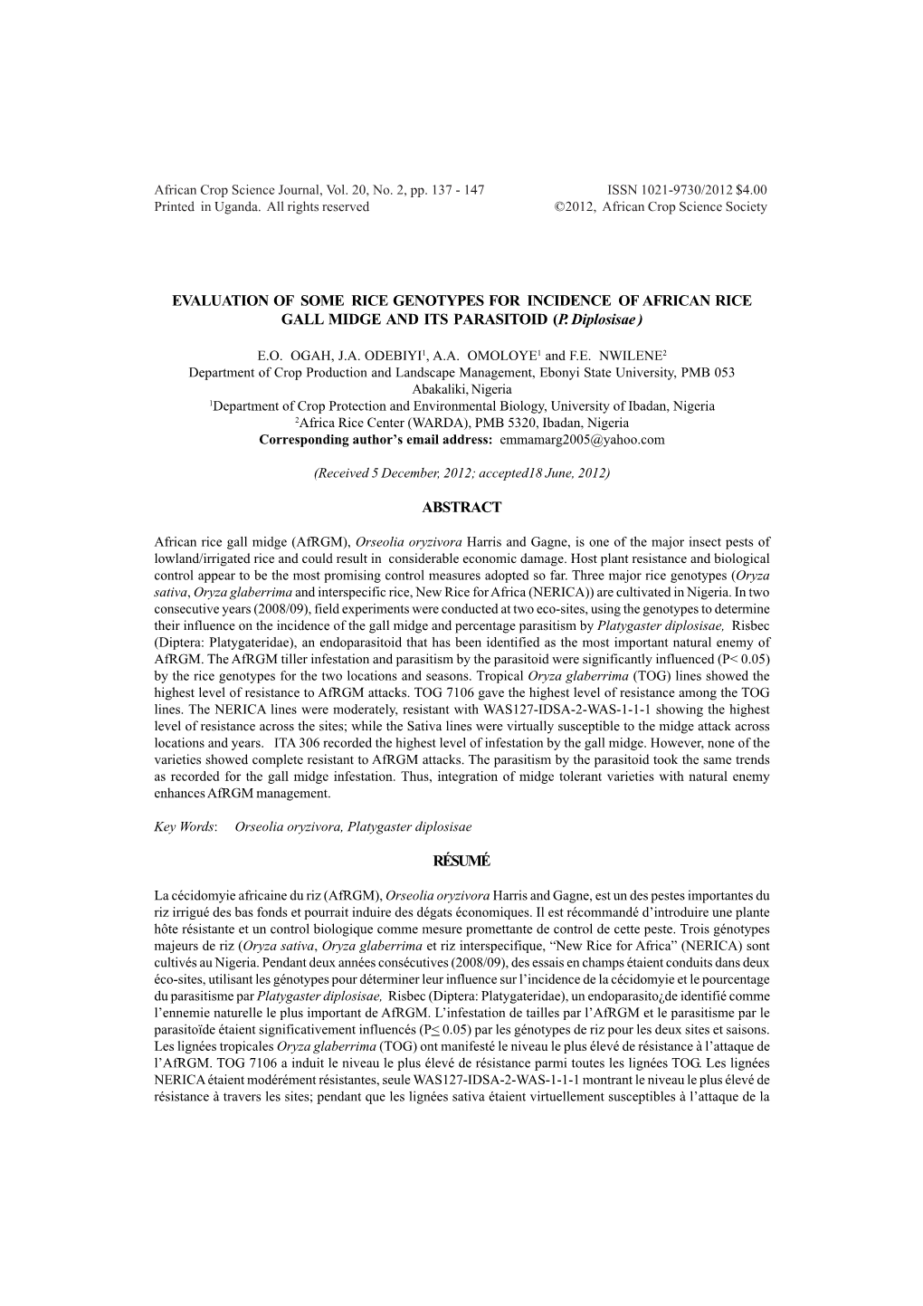 Evaluation of Some Rice Genotypes for Incidence of African Rice Gall Midge and Its Parasitoid (P