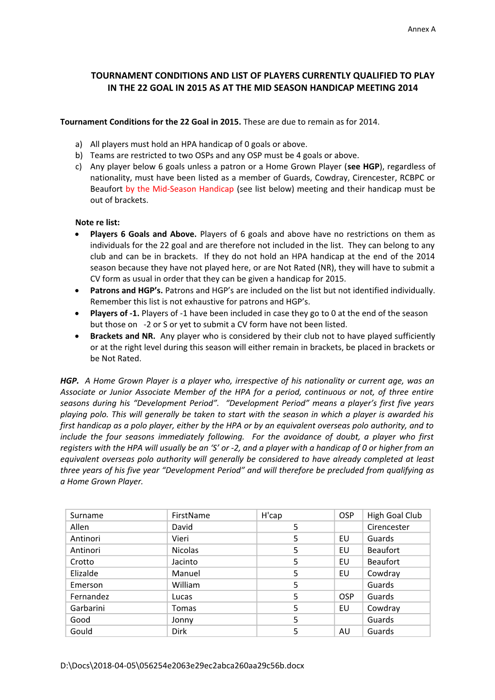 Tournament Conditions for the 22 Goal in 2015. These Are Due to Remain As for 2014