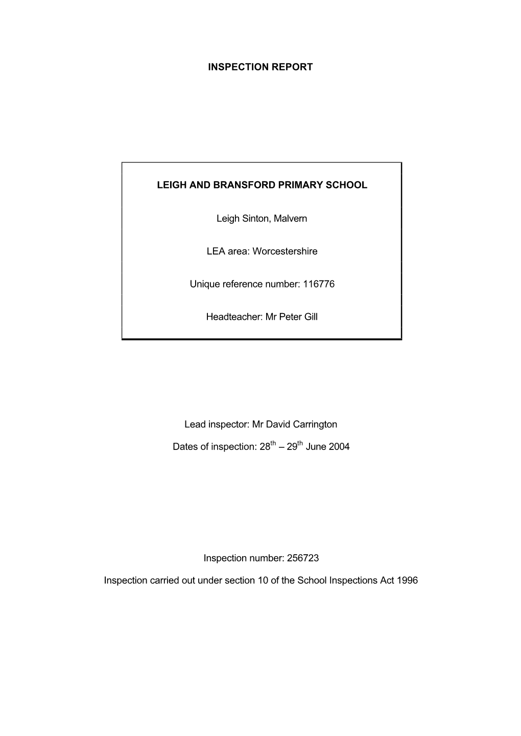 Inspection Report Leigh and Bransford Primary School