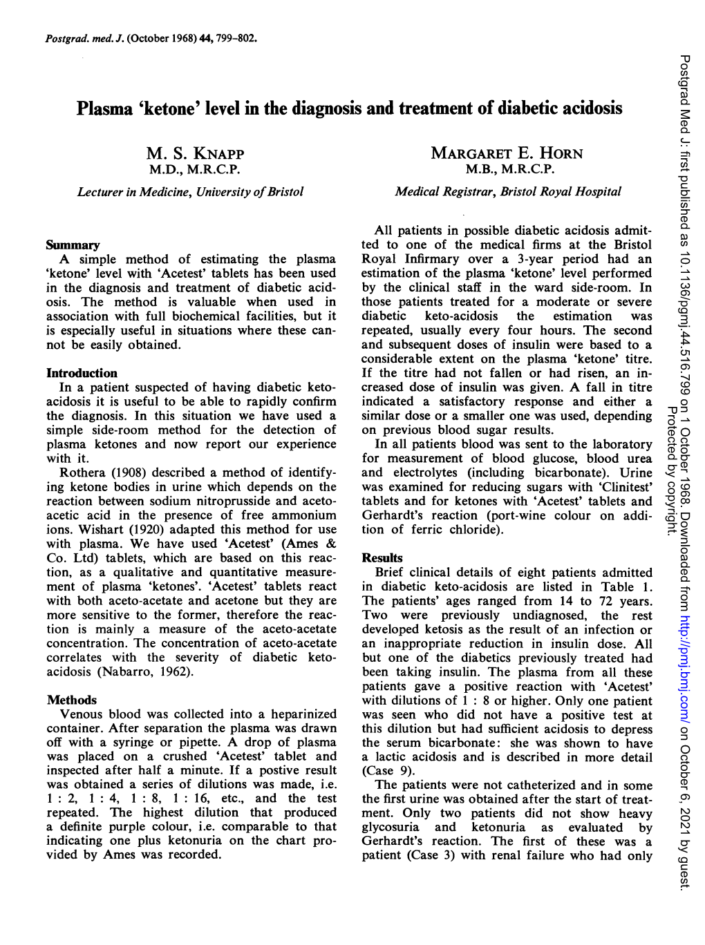 Plasma 'Ketone' Levelin the Diagnosis and Treatment of Diabetic Acidosis