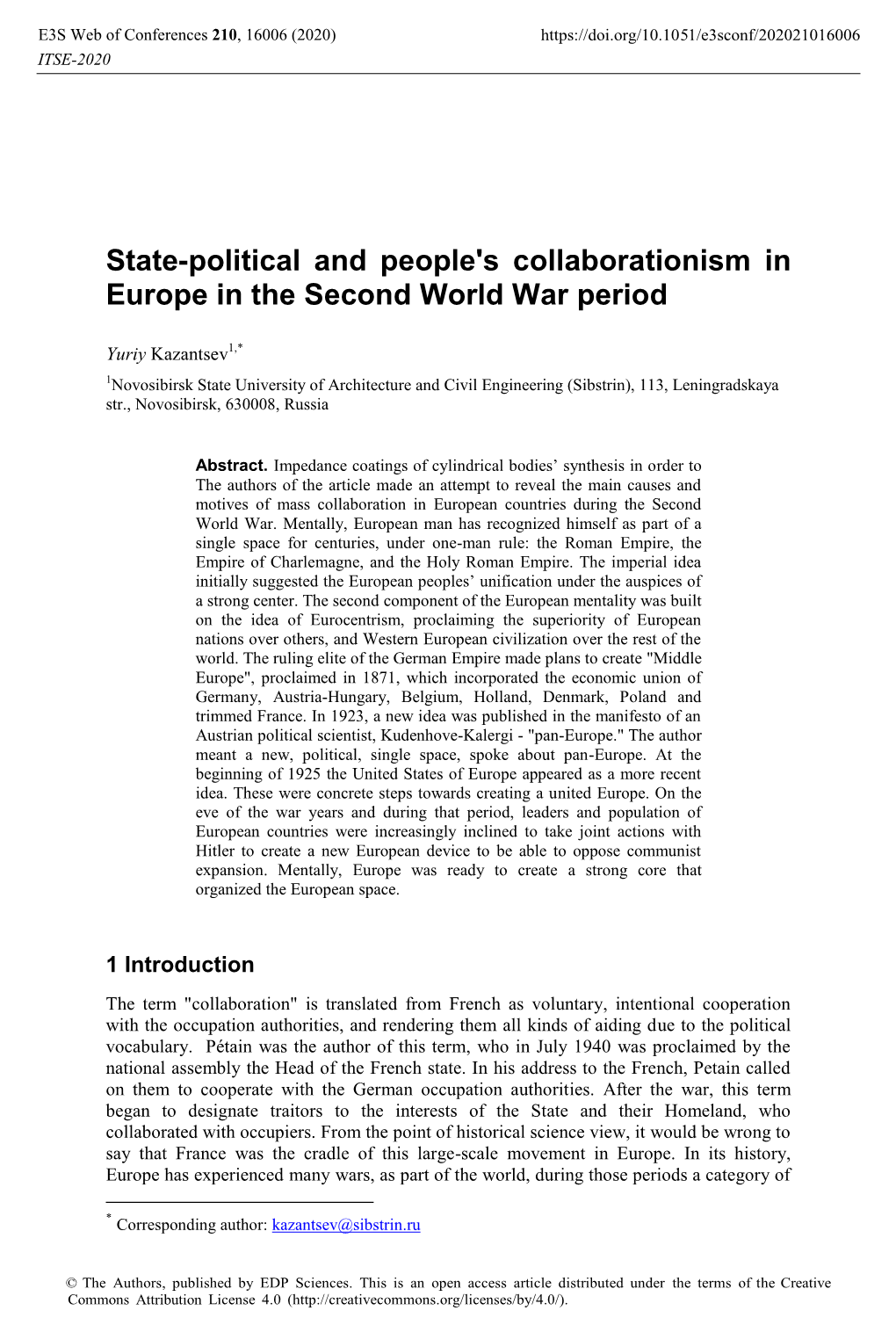 S Collaborationism in Europe in the Second World War Period