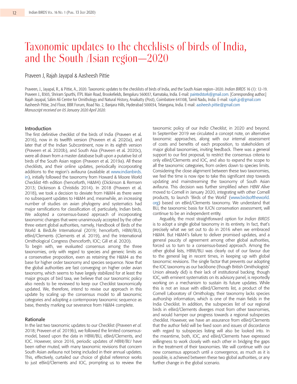 Taxonomic Updates to the Checklists of Birds of India, and the South Asian Region—2020