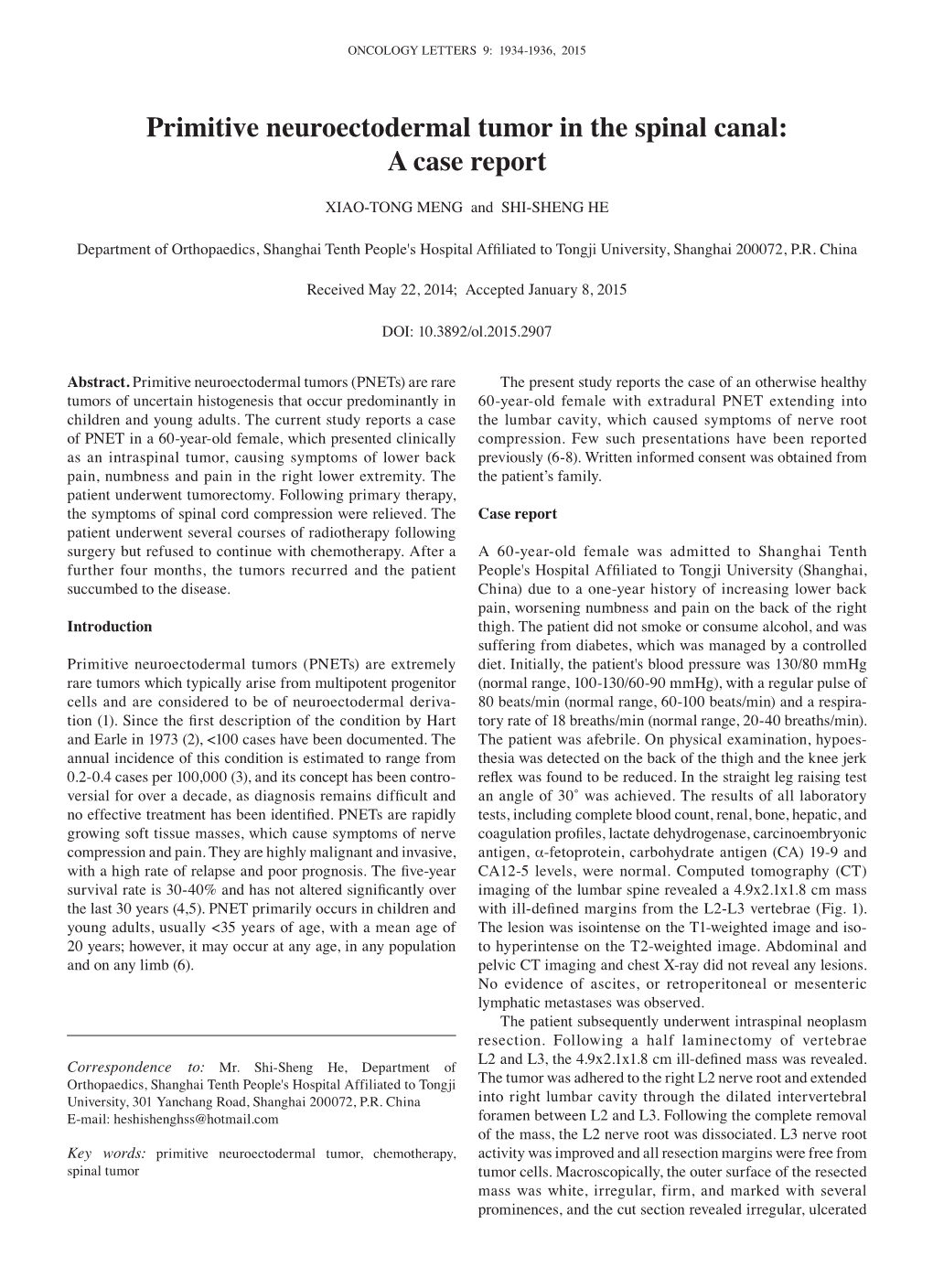 Primitive Neuroectodermal Tumor in the Spinal Canal: a Case Report