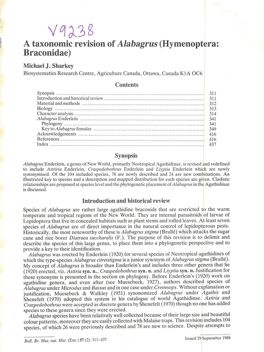 A Taxonomic Revision of Alabagrus (Hymenoptera: Braconidae)