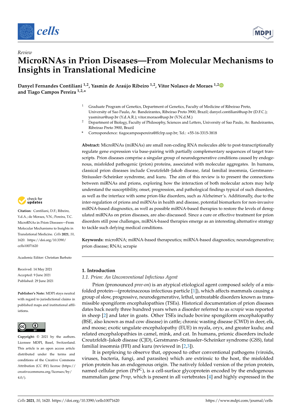 Micrornas in Prion Diseases—From Molecular Mechanisms to Insights in Translational Medicine