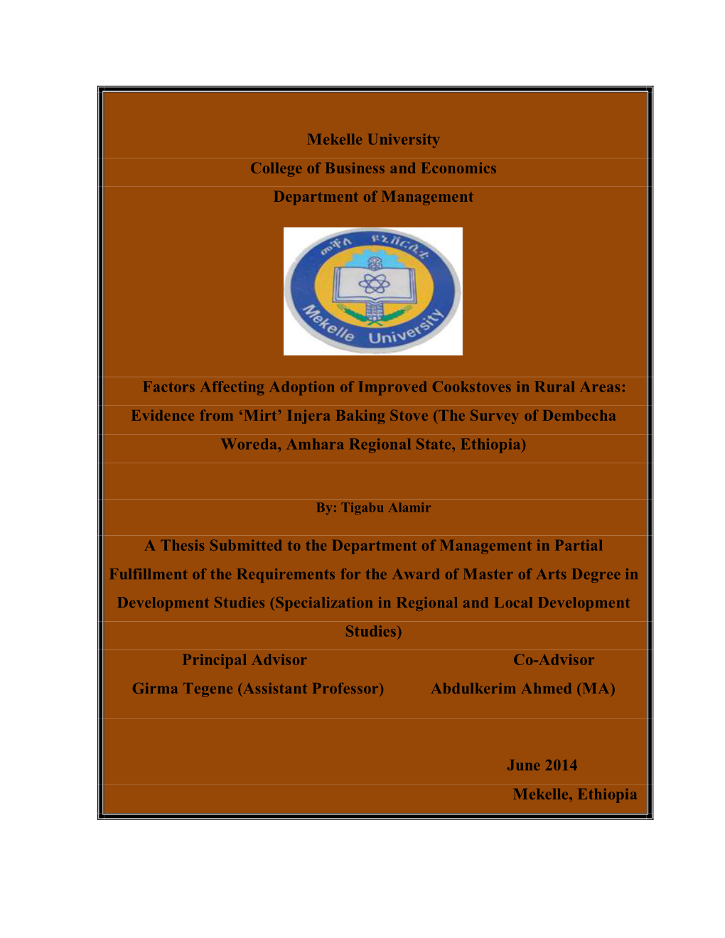 Mekelle University College of Business and Economics Department of Management Factors Affecting Adoption of Improved Cookstoves