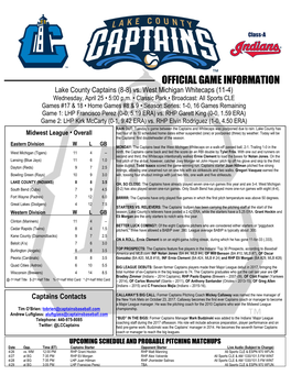 OFFICIAL GAME INFORMATION Lake County Captains (8-8) Vs