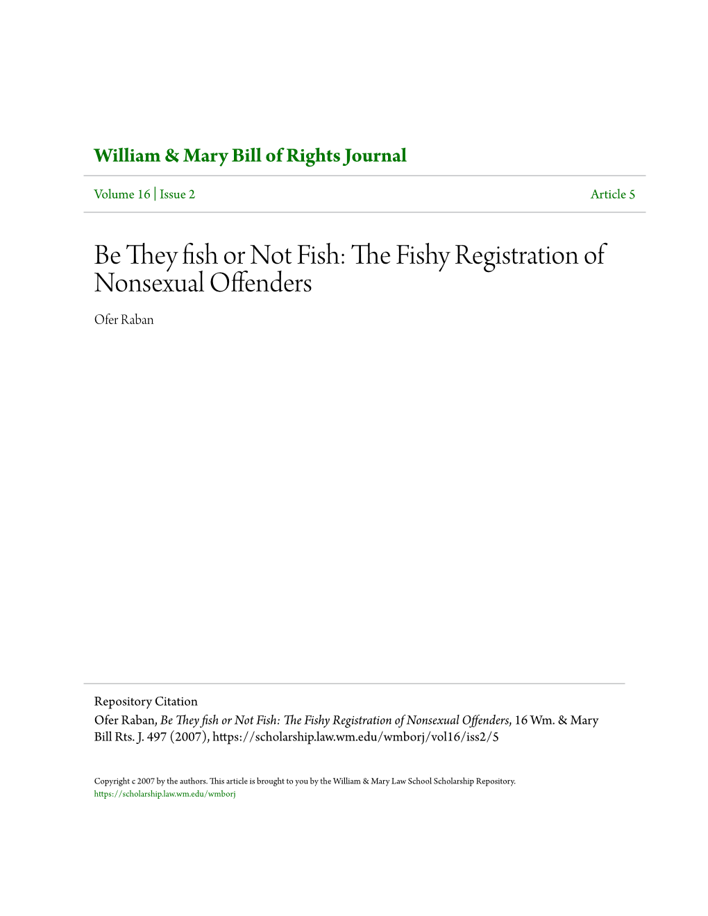 Be They Fish Or Not Fish: the Fishy Registration of Nonsexual Offenders Ofer Raban