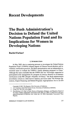 Bush Administration's Decision to Defund the United Nations Population Fund and Its Implications for Women in Developing Nations