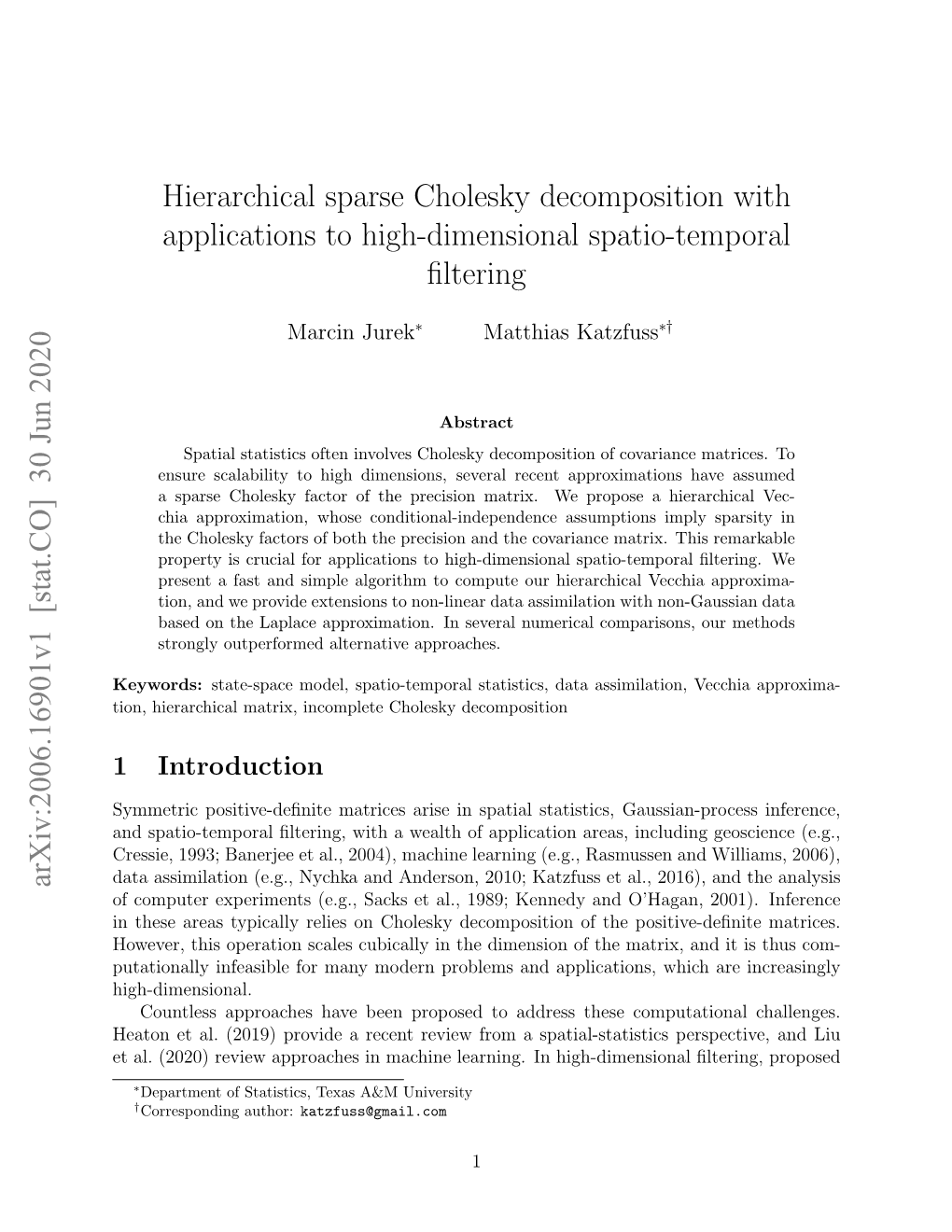 Hierarchical Sparse Cholesky Decomposition with Applications to High-Dimensional Spatio-Temporal ﬁltering