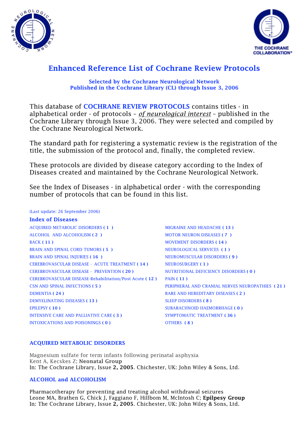 Enhanced Reference List of Cochrane Review Protocols