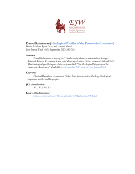 Daniel Kahneman [Ideological Profiles of the Economics Laureates] Daniel B