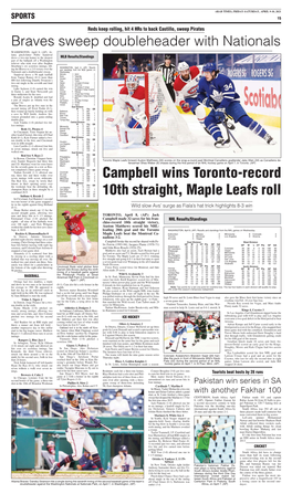 Campbell Wins Toronto-Record 10Th Straight, Maple Leafs Roll
