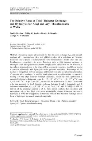 The Relative Rates of Thiol–Thioester Exchange and Hydrolysis for Alkyl and Aryl Thioalkanoates in Water