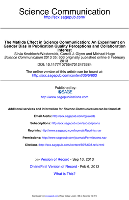 The Matilda Effect in Science Communication: an Experiment on Gender Bias in Publication Quality Perceptions