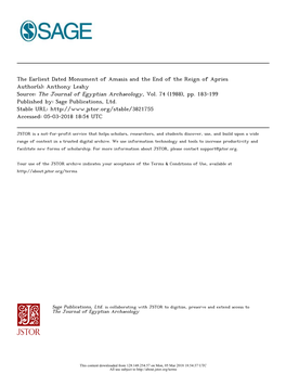 The Earliest Dated Monument of Amasis and the End of the Reign of Apries Author(S): Anthony Leahy Source: the Journal of Egyptian Archaeology, Vol