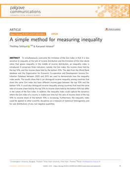 A Simple Method for Measuring Inequality ✉ Thitithep Sitthiyot 1 & Kanyarat Holasut2