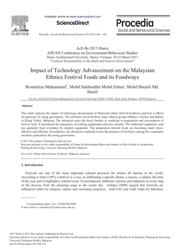 Impact of Technology Advancement on the Malaysian Ethnics Festival Foods and Its Foodways