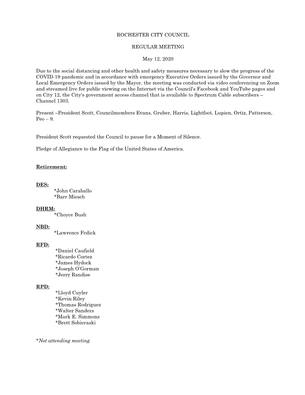 ROCHESTER CITY COUNCIL REGULAR MEETING May 12, 2020