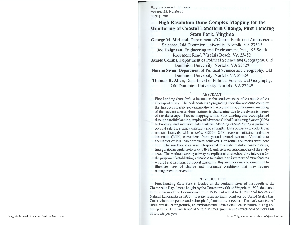 High Resolution Dune Complex Mapping for the Monitoring of Coastal Landform Change, First Landing State Park, Virginia George M