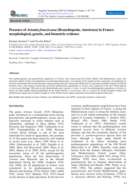 Presence of Artemia Franciscana (Branchiopoda, Anostraca) in France: Morphological, Genetic, and Biometric Evidence