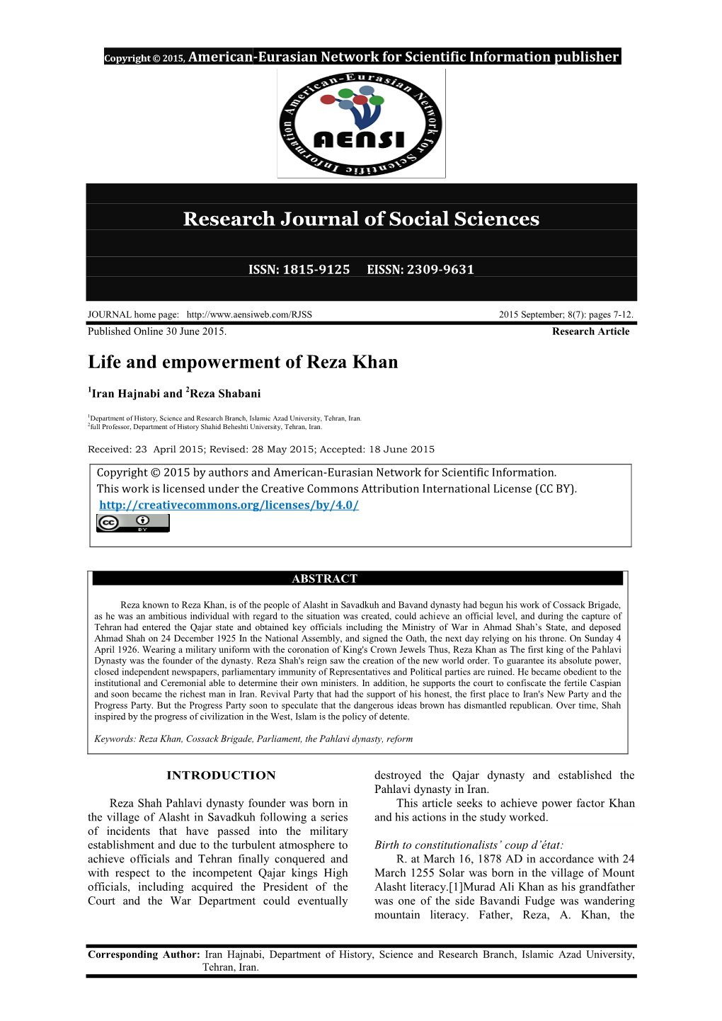 Research Journal of Social Sciences Life and Empowerment of Reza Khan