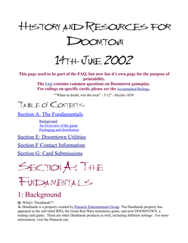 History and Resources for Doomtown 14Th June 2002 Section A: The