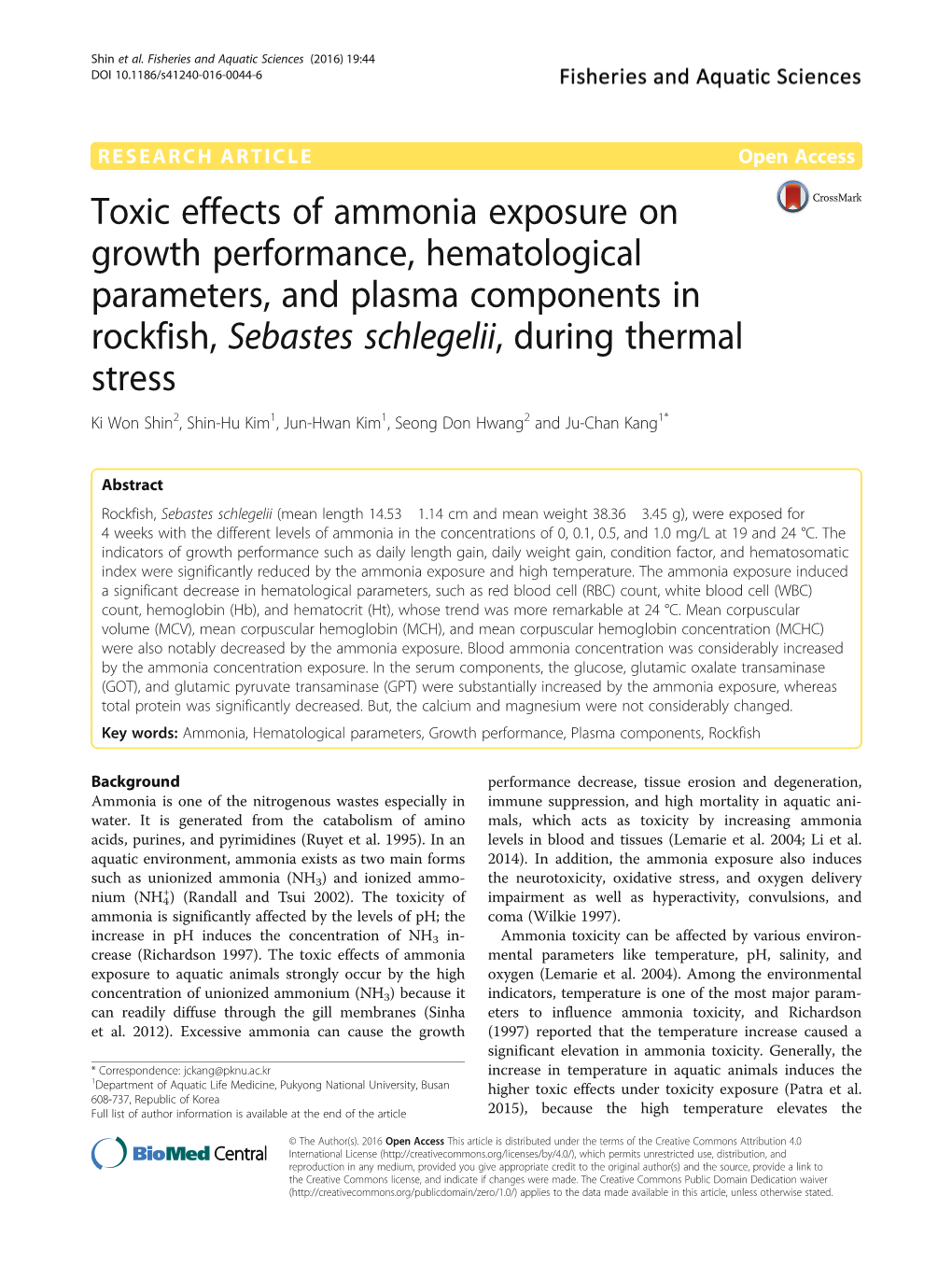 Toxic Effects of Ammonia Exposure on Growth Performance, Hematological