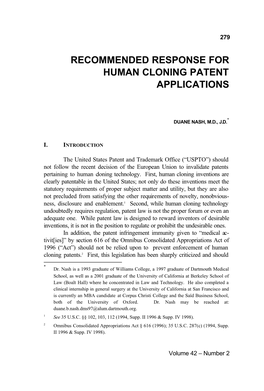 Recommended Response for Human Cloning Patent Applications