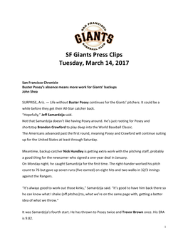 SF Giants Press Clips Tuesday, March 14, 2017