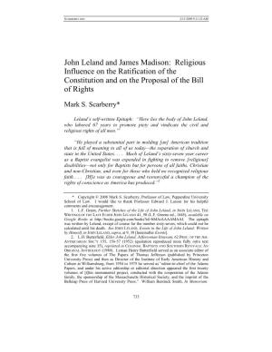 John Leland and James Madison: Religious Influence on the Ratification of the Constitution and on the Proposal of the Bill of Rights
