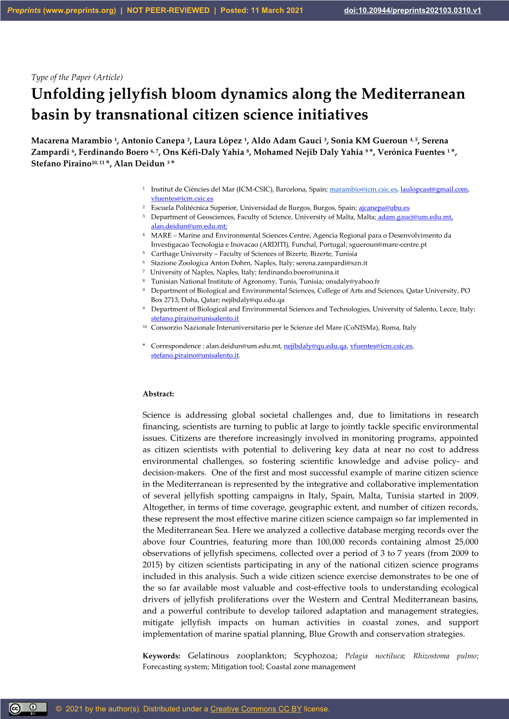 Unfolding Jellyfish Bloom Dynamics Along the Mediterranean Basin by Transnational Citizen Science Initiatives