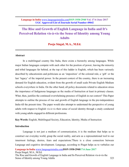 The Rise and Growth of English Language in India and It's Perceived Relation Vis-À-Vis the Sense of Identity Among Young Adults