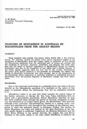 Features of Settlement in Australia by Macedonians from the Aegean Region