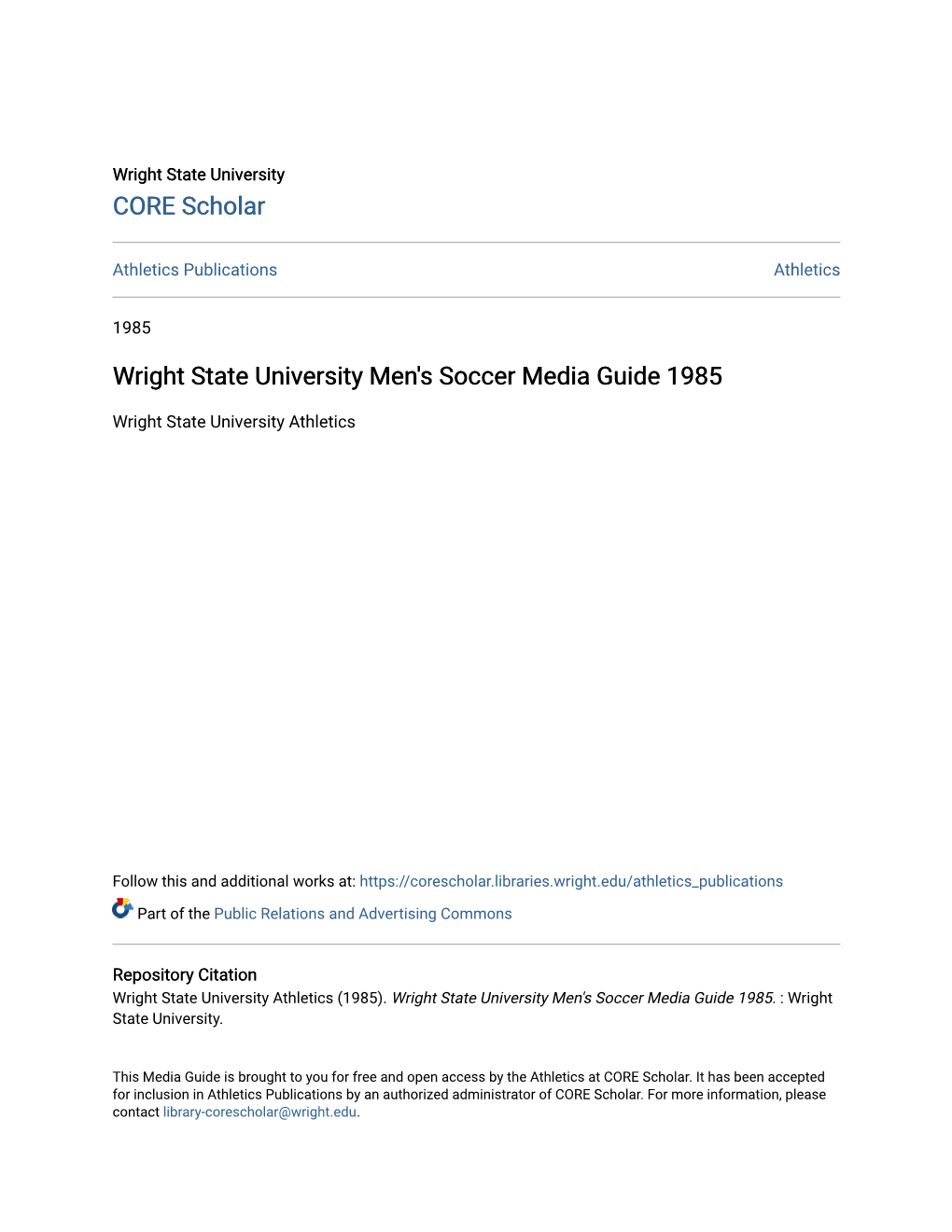 Wright State University Men's Soccer Media Guide 1985