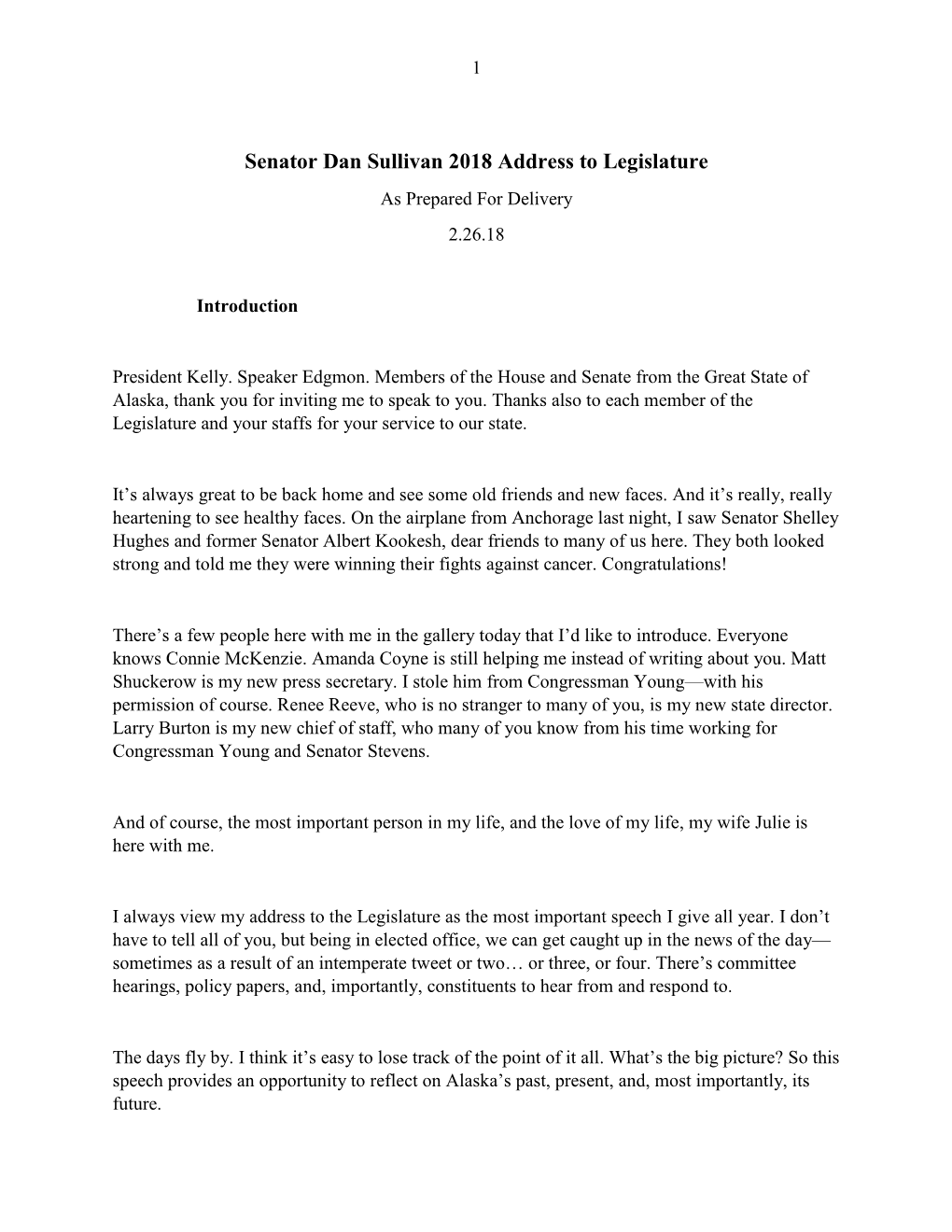 Senator Dan Sullivan 2018 Address to Legislature As Prepared for Delivery 2.26.18