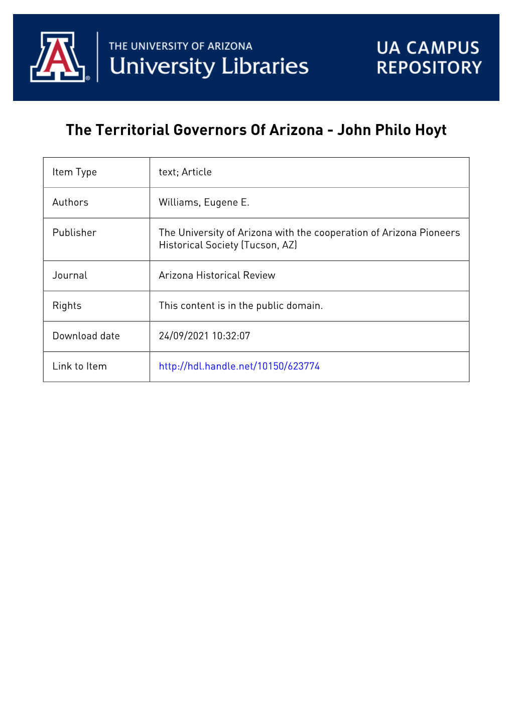 The Territorial Governors of Arizona by Eugene E