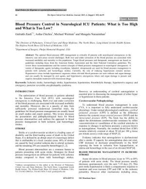 Blood Pressure Control in Neurological ICU Patients: What Is Too High and What Is Too Low? Gulrukh Zaidi*,1, Astha Chichra1, Michael Weitzen2 and Mangala Narasimhan1
