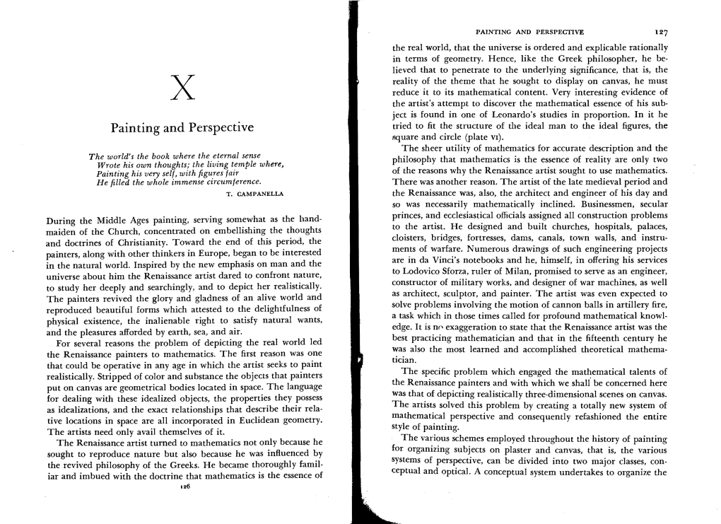 PAINTING and PERSPECTIVE 127 the Real World, That the Universe Is Ordered and Explicable Rationally in Terms of Geometry