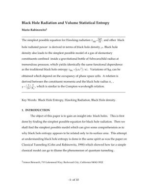 Black Hole Radiation and Volume Statistical Entropy