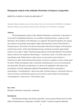 Phylogenetic Analysis of the Subfamily Ototretinae (Coleoptera: Lampyridae)