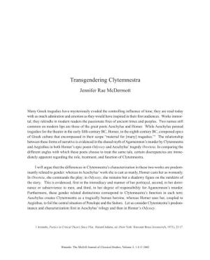 Transgendering Clytemnestra Jennifer Rae Mcdermott