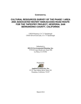 Cultural Resources Survey of the Phase 1 Area and Associated Water Tank/Access Road Route for the Tapestry Project, Hesperia, San Bernardino County, California